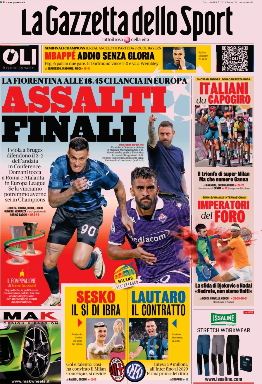 anteprima della prima pagina di la-gazzetta-dello-sport del 08/05/2024