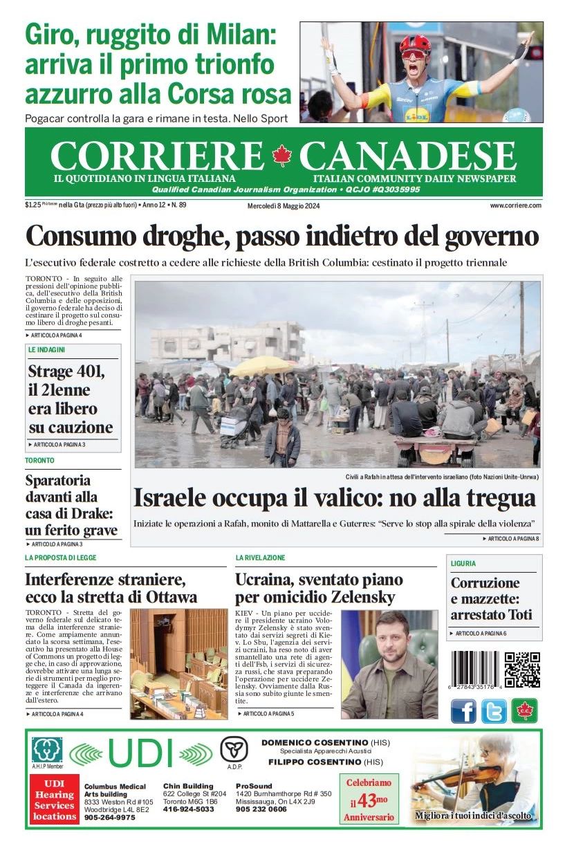 anteprima della prima pagina di corriere-canadese del 08/05/2024