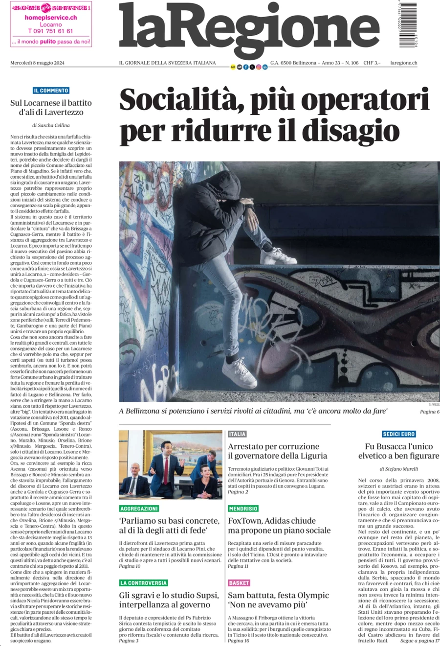 anteprima della prima pagina di la-regione del 08/05/2024