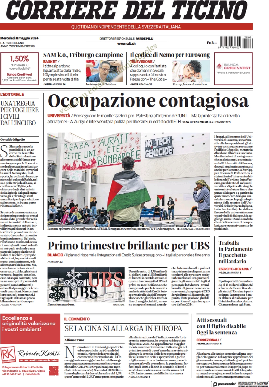 anteprima della prima pagina di corriere-del-ticino del 08/05/2024