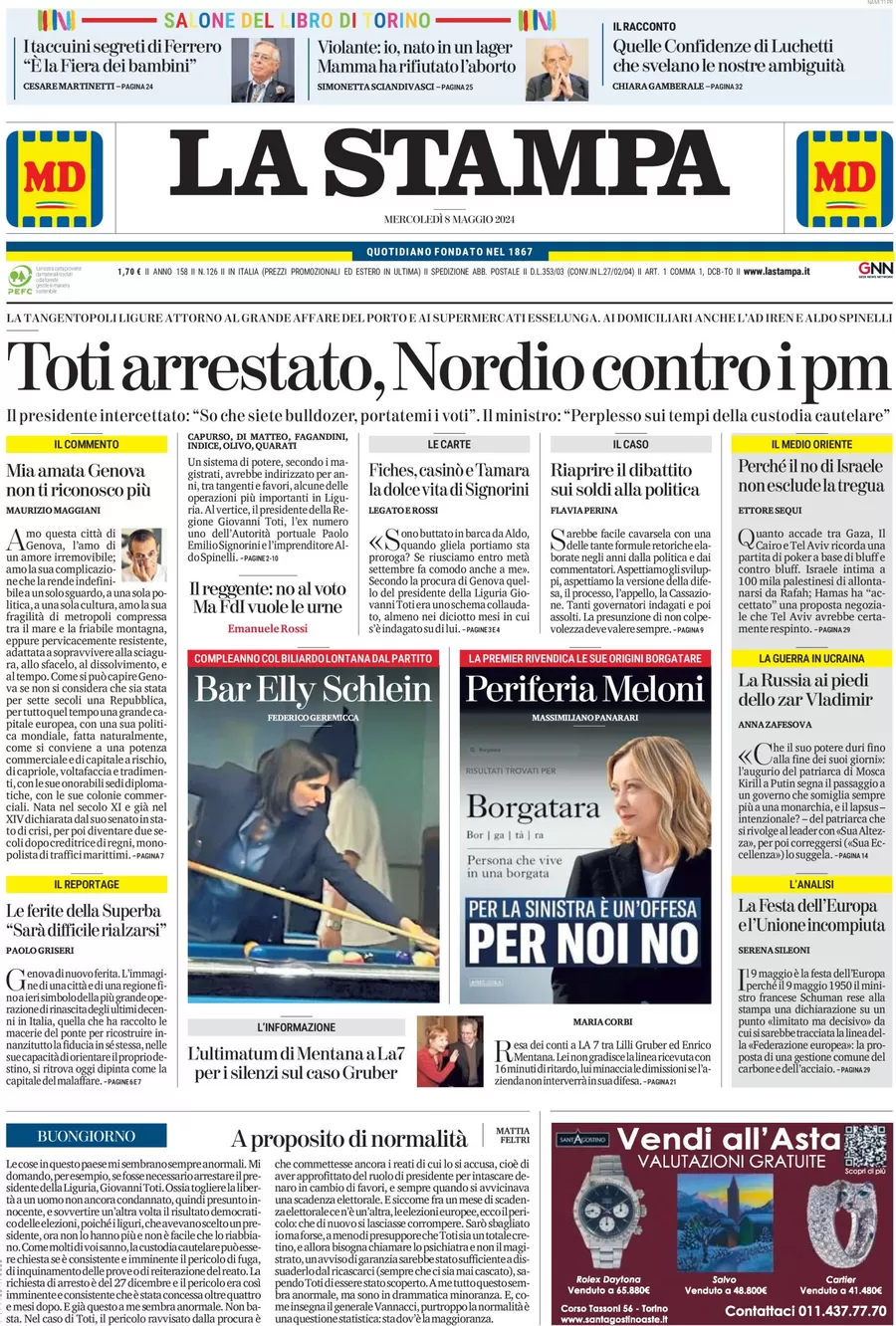 anteprima della prima pagina di la-stampa del 08/05/2024