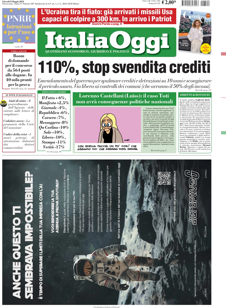 anteprima della prima pagina di italiaoggi del 09/05/2024