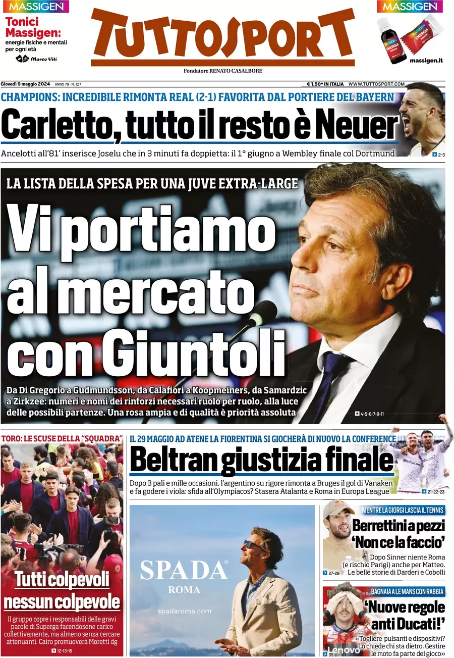 anteprima della prima pagina di tuttosport del 09/05/2024