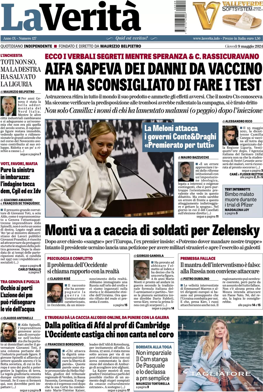 anteprima della prima pagina di la-verit del 09/05/2024