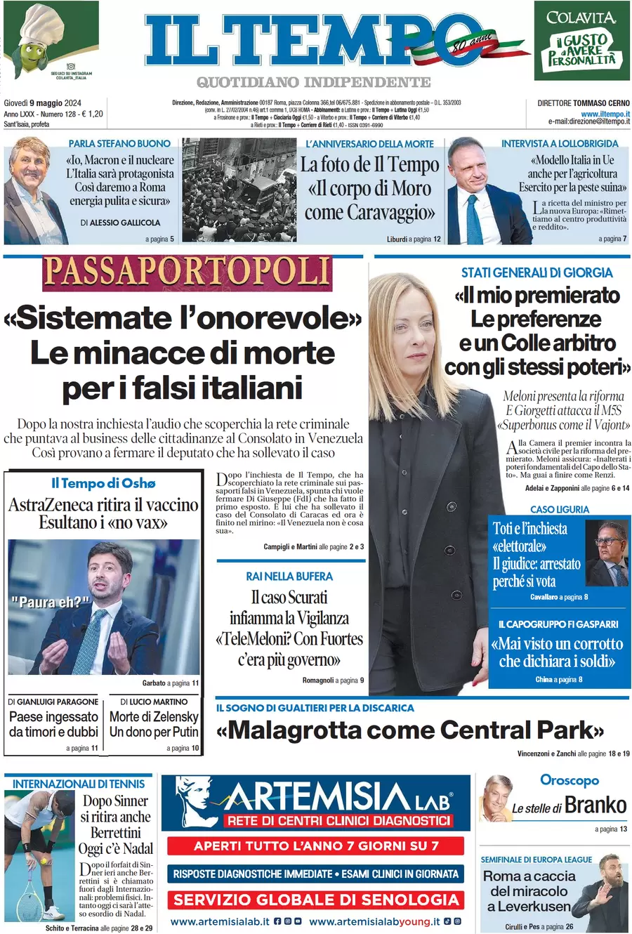 anteprima della prima pagina di il-tempo del 09/05/2024