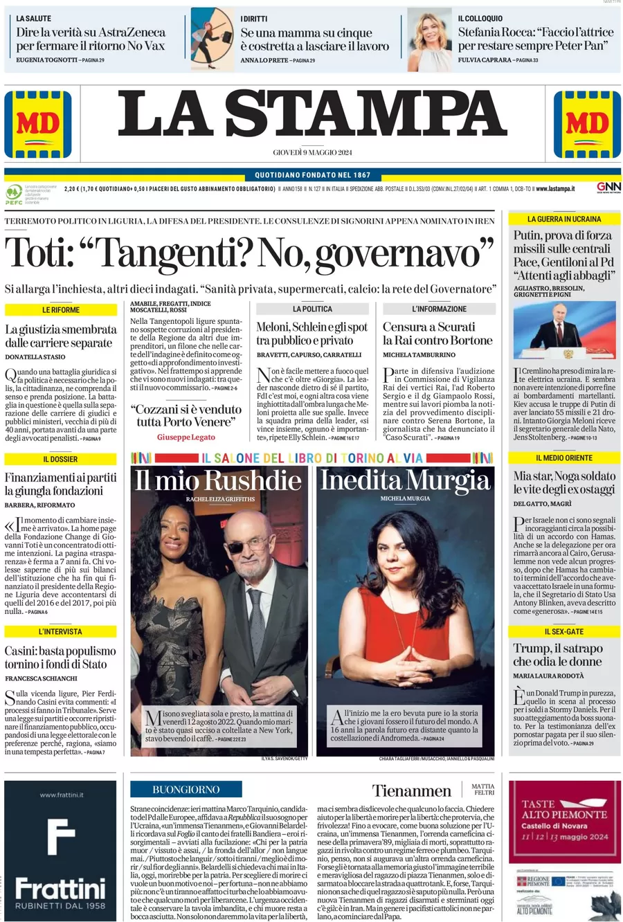 anteprima della prima pagina di la-stampa del 09/05/2024