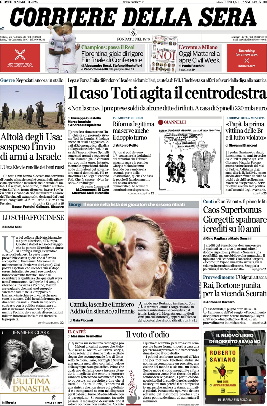 anteprima della prima pagina di corriere-della-sera del 09/05/2024