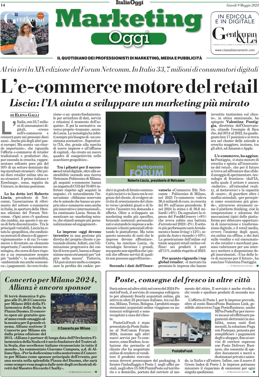 anteprima della prima pagina di marketing-oggi del 09/05/2024