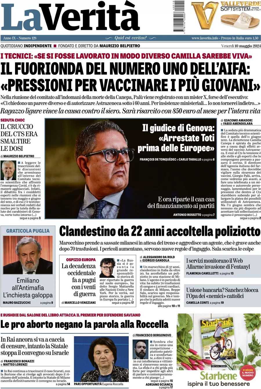 anteprima della prima pagina di la-verit del 10/05/2024