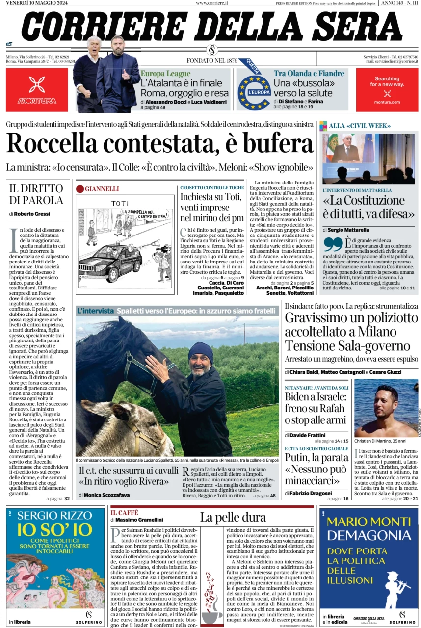 anteprima della prima pagina di corriere-della-sera del 10/05/2024