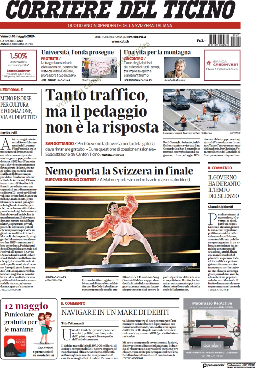 anteprima della prima pagina di corriere-del-ticino del 10/05/2024