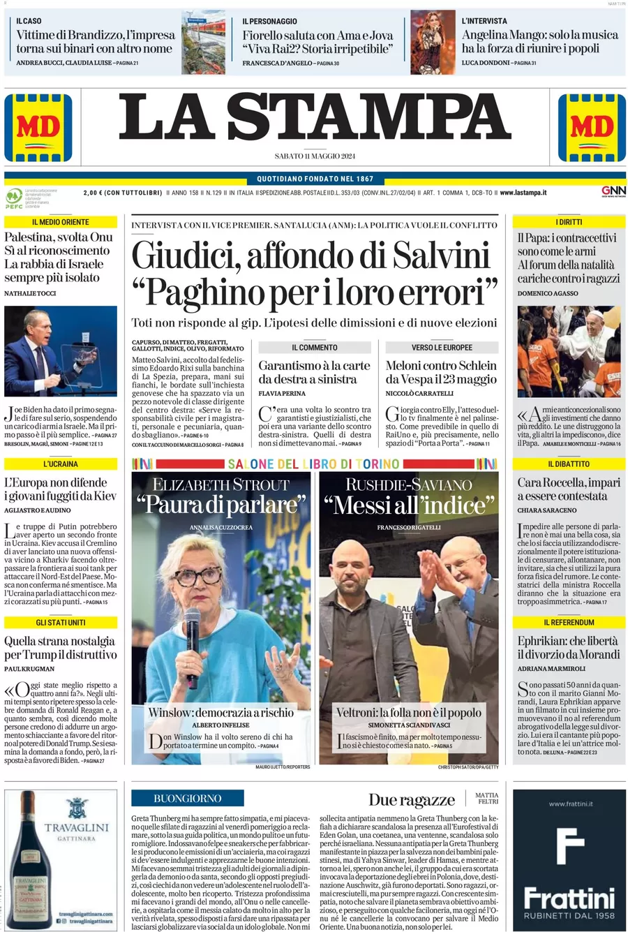 anteprima della prima pagina di la-stampa del 11/05/2024