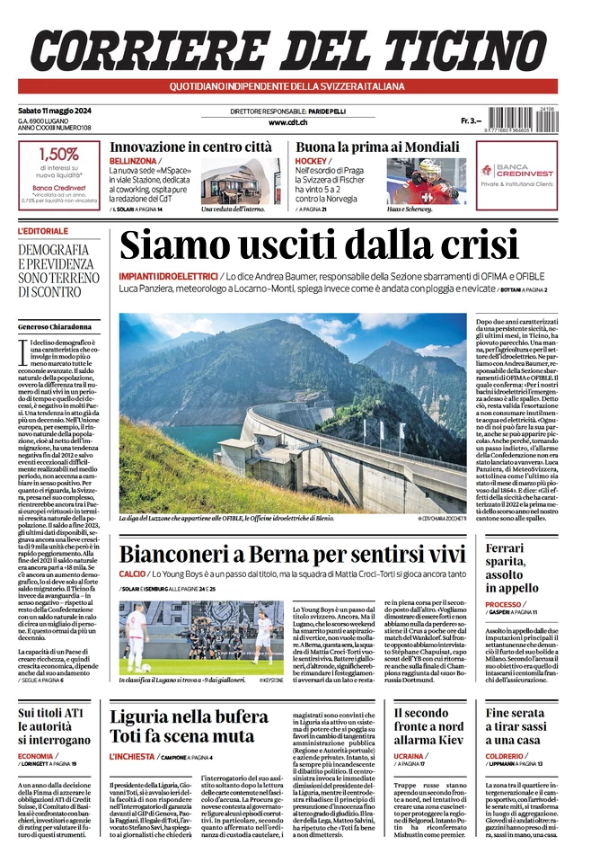 anteprima della prima pagina di corriere-del-ticino del 11/05/2024