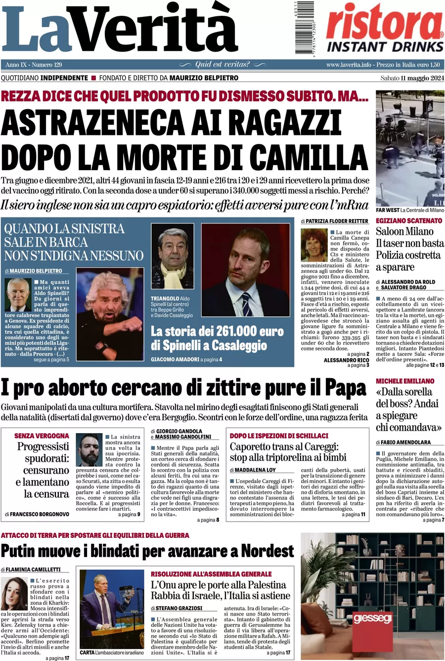 anteprima della prima pagina di la-verit del 11/05/2024