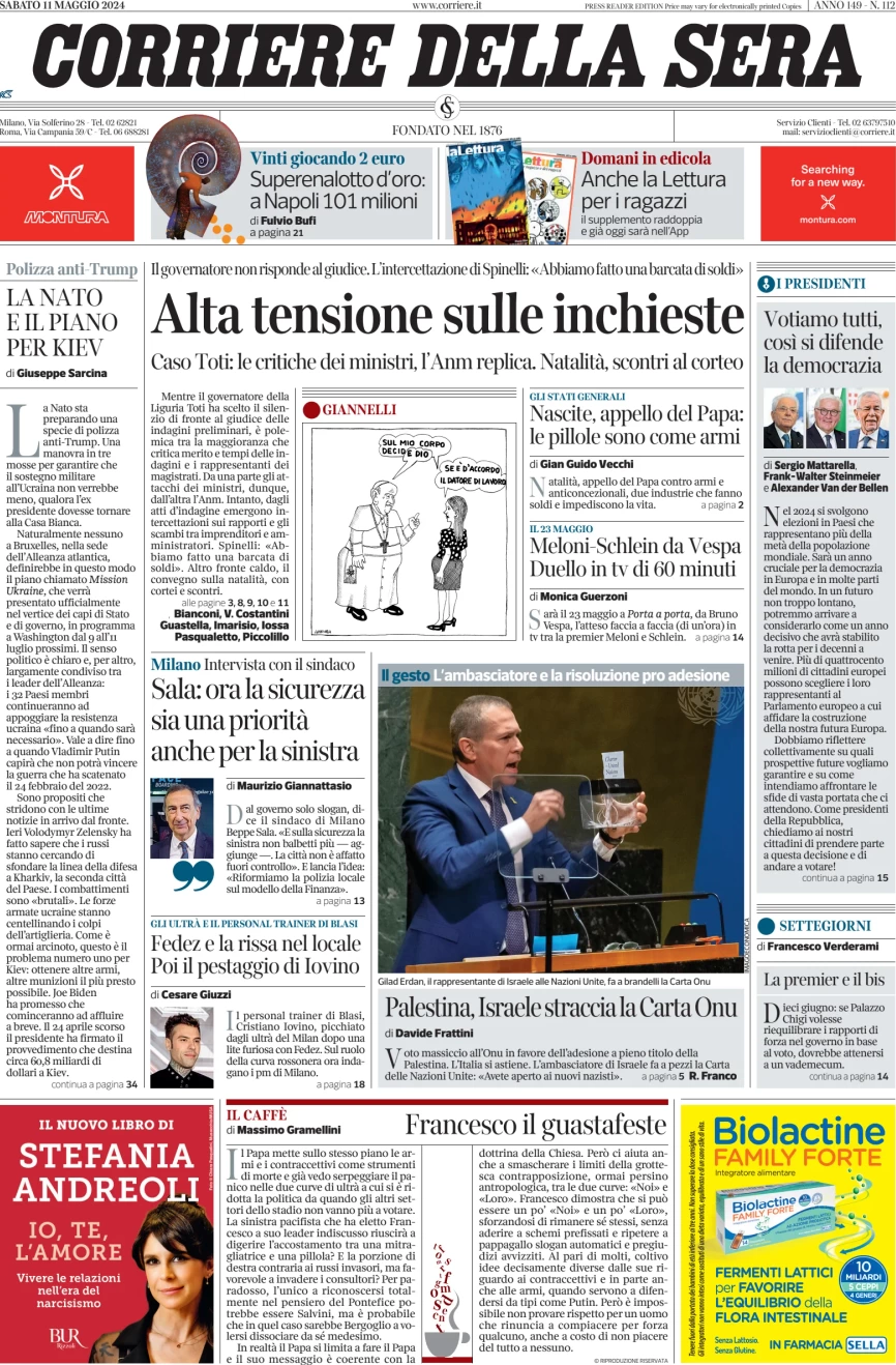 anteprima della prima pagina di corriere-della-sera del 11/05/2024