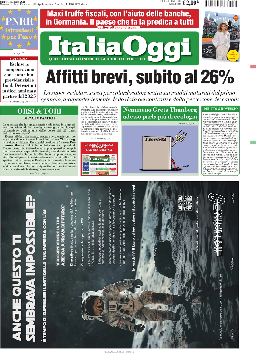 anteprima della prima pagina di italiaoggi del 11/05/2024
