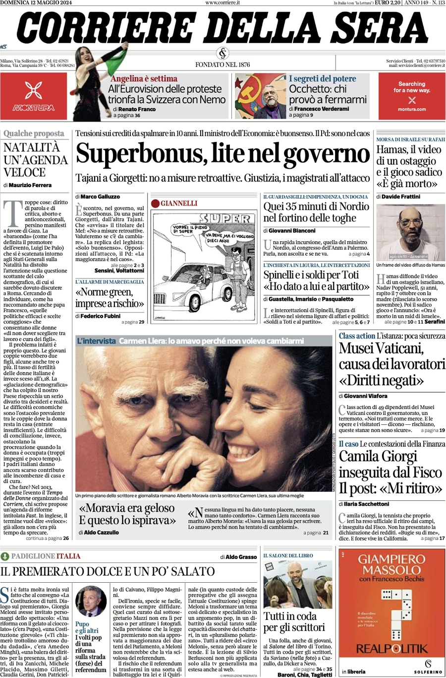 anteprima della prima pagina di corriere-della-sera del 12/05/2024