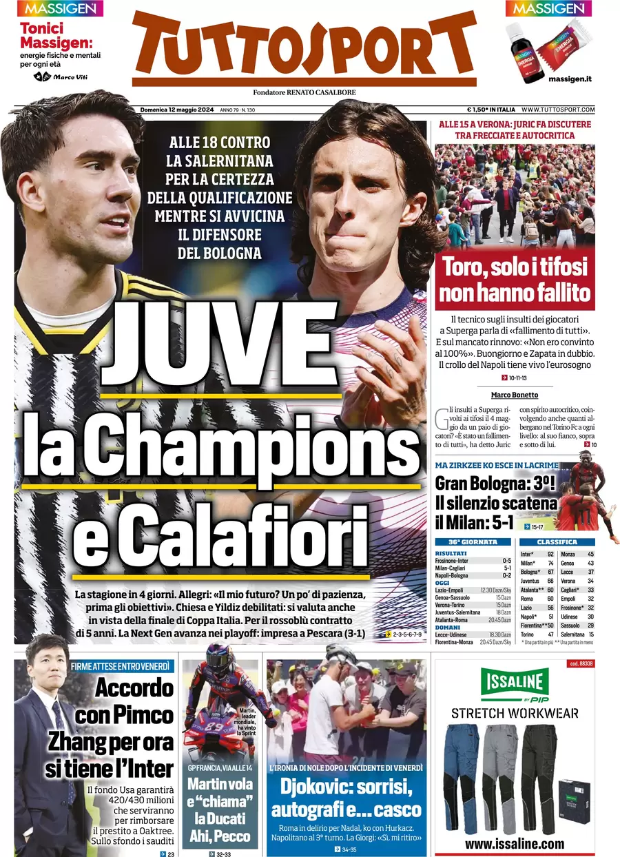 anteprima della prima pagina di tuttosport del 12/05/2024