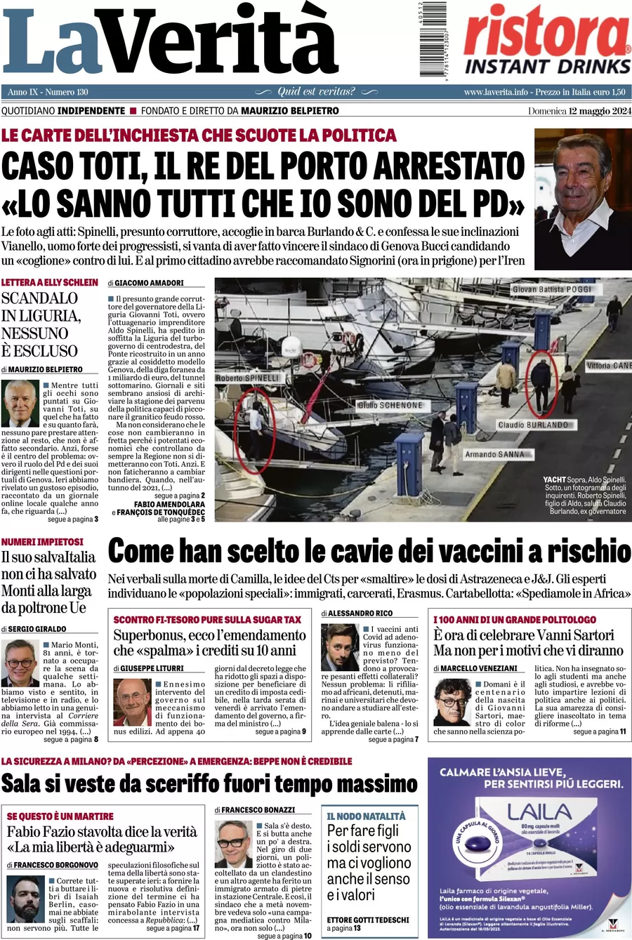 anteprima della prima pagina di la-verit del 12/05/2024