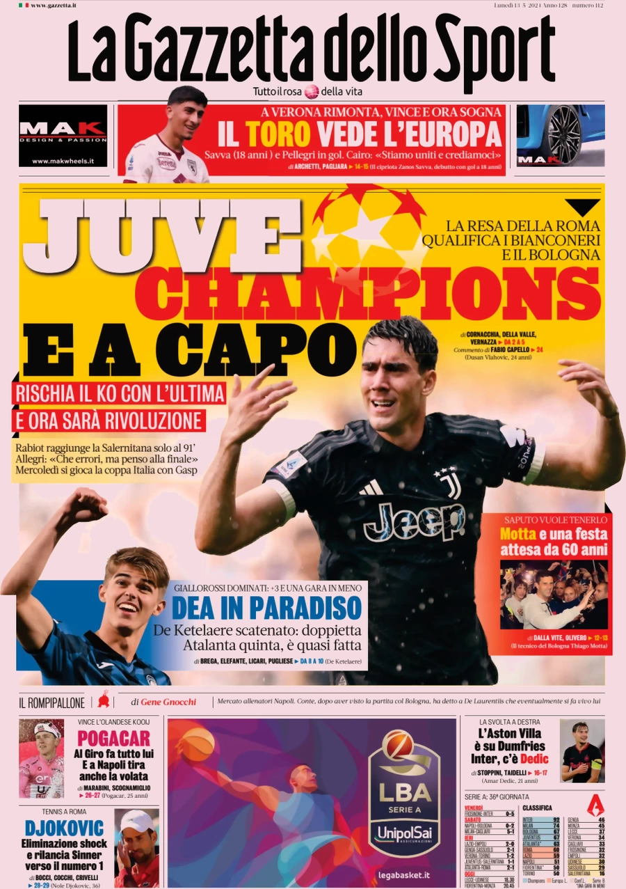 anteprima della prima pagina di la-gazzetta-dello-sport del 13/05/2024