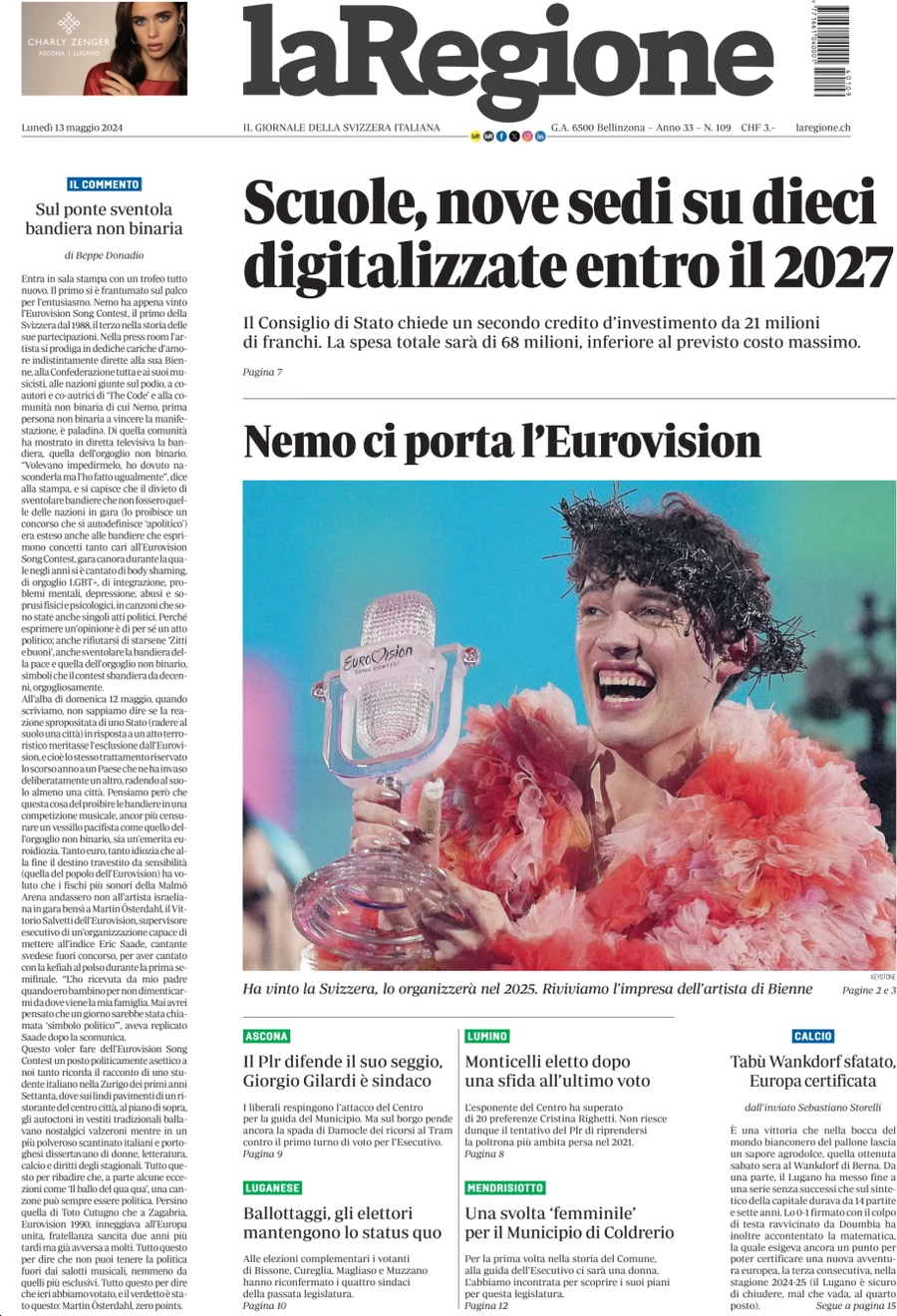 anteprima della prima pagina di la-regione del 13/05/2024