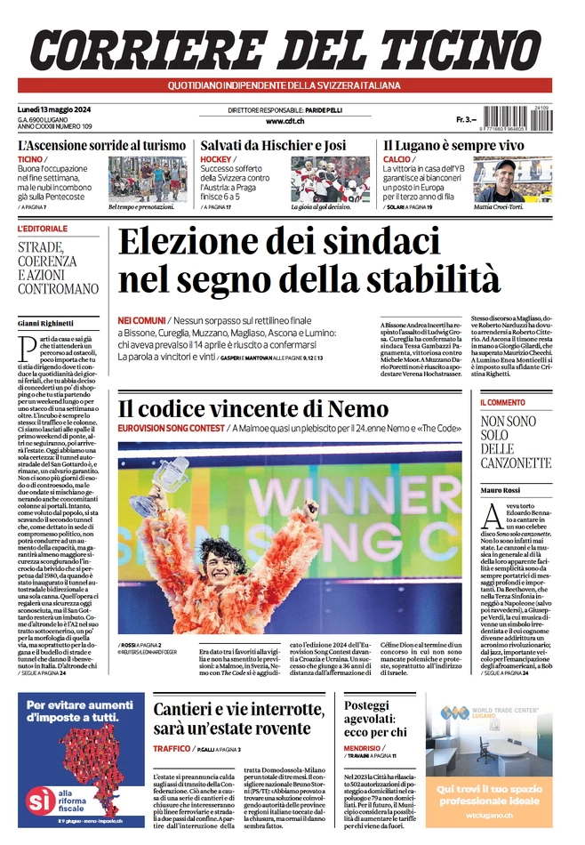 anteprima della prima pagina di corriere-del-ticino del 13/05/2024