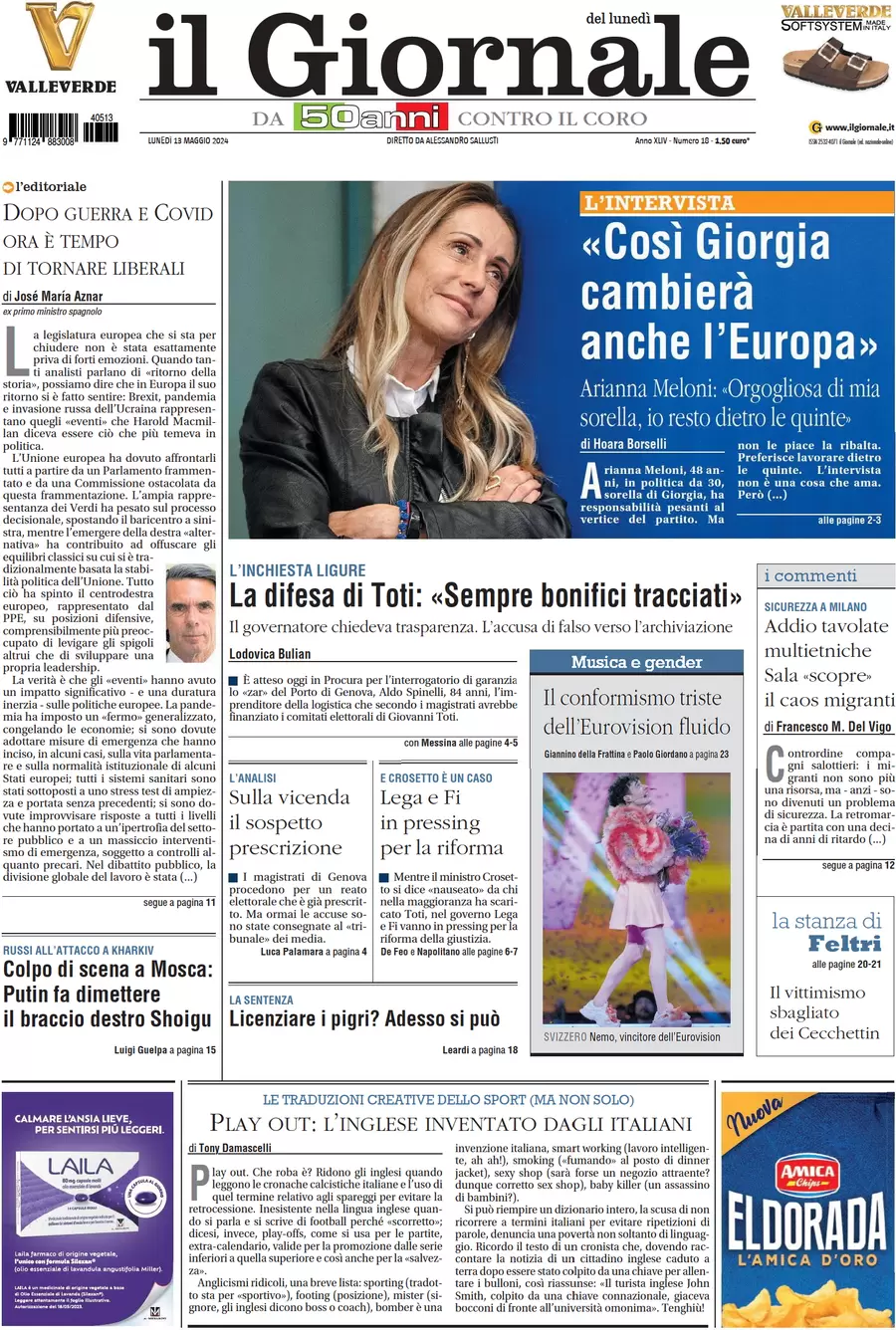 prima pagina - Il Giornale del 13/05/2024