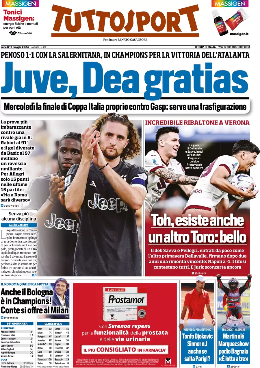 anteprima della prima pagina di tuttosport del 13/05/2024