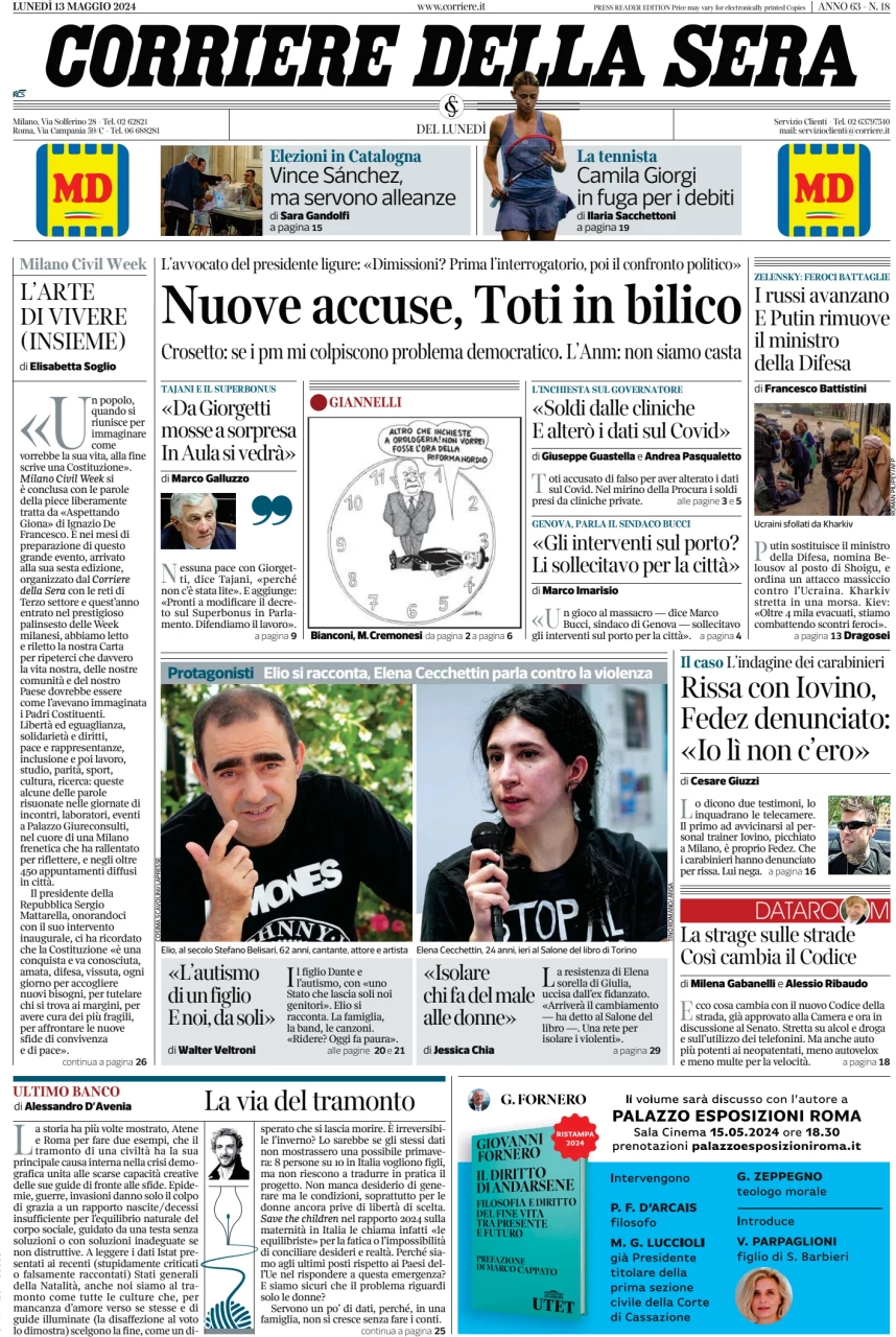 anteprima della prima pagina di corriere-della-sera del 13/05/2024