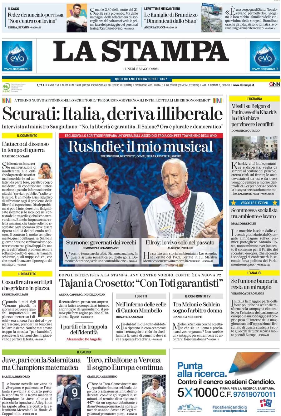 anteprima della prima pagina di la-stampa del 13/05/2024