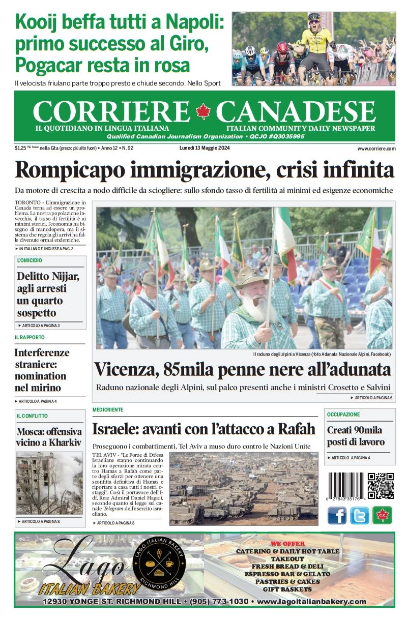 anteprima della prima pagina di corriere-canadese del 13/05/2024