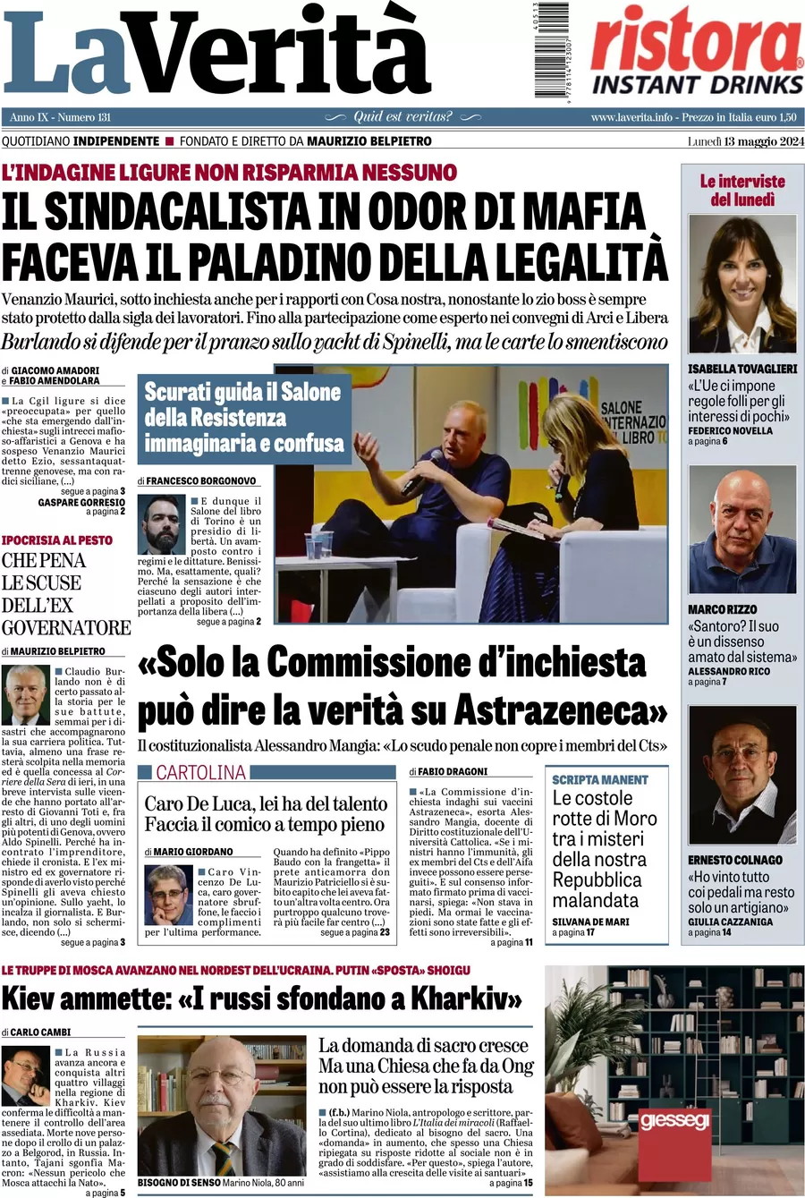 anteprima della prima pagina di la-verit del 13/05/2024