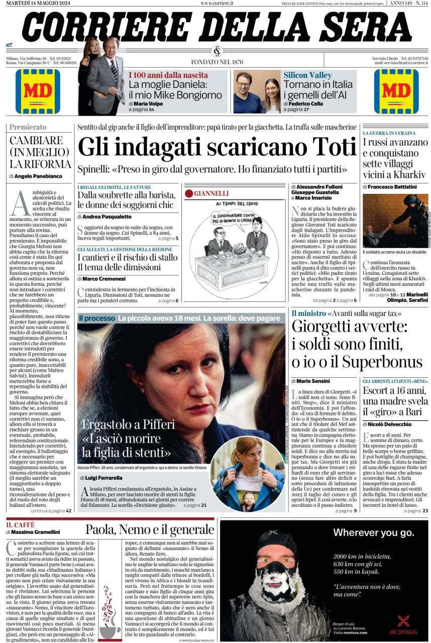 anteprima della prima pagina di corriere-della-sera del 14/05/2024