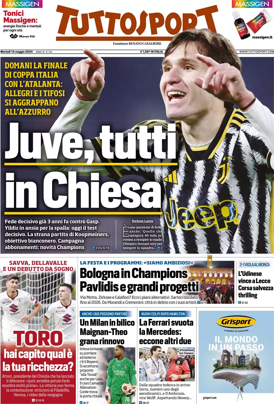 anteprima della prima pagina di tuttosport del 14/05/2024