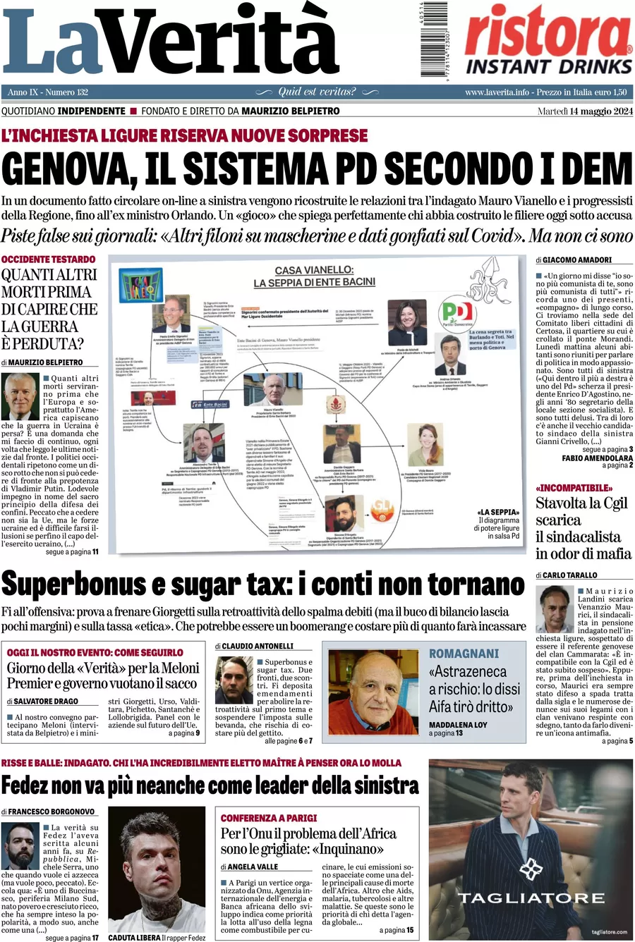 anteprima della prima pagina di la-verit del 14/05/2024