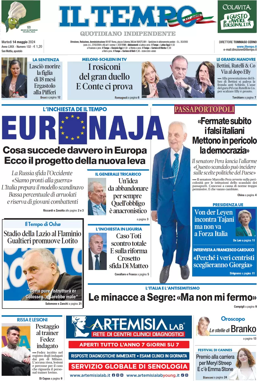 anteprima della prima pagina di il-tempo del 14/05/2024