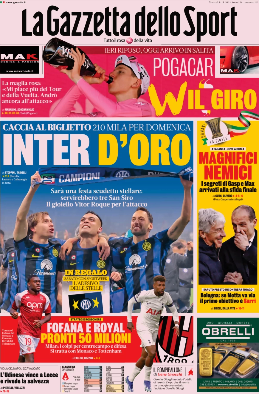 anteprima della prima pagina di la-gazzetta-dello-sport del 14/05/2024