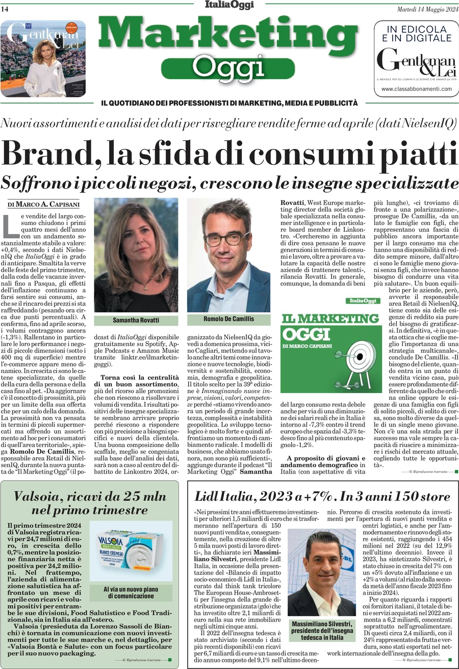 anteprima della prima pagina di marketing-oggi del 14/05/2024