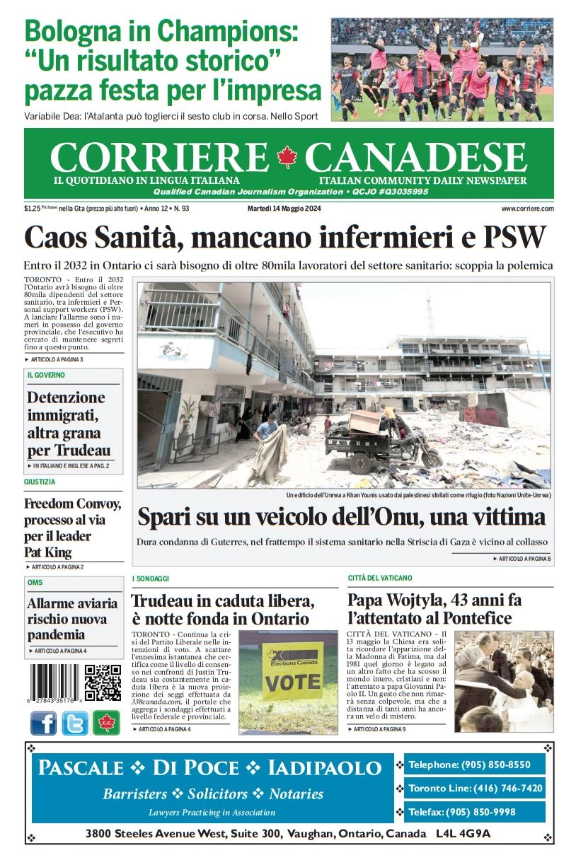 anteprima della prima pagina di corriere-canadese del 14/05/2024