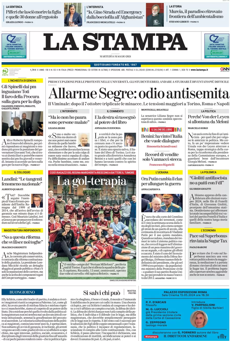 anteprima della prima pagina di la-stampa del 14/05/2024