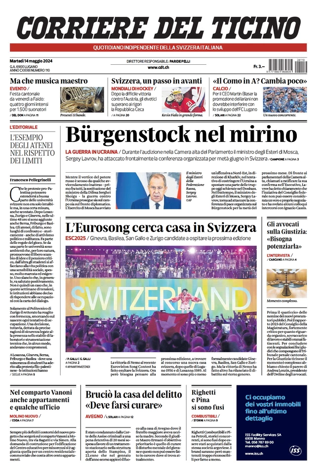 anteprima della prima pagina di corriere-del-ticino del 14/05/2024