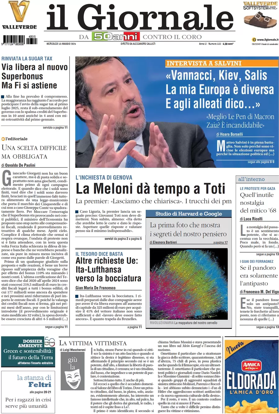 anteprima della prima pagina di il-giornale del 15/05/2024