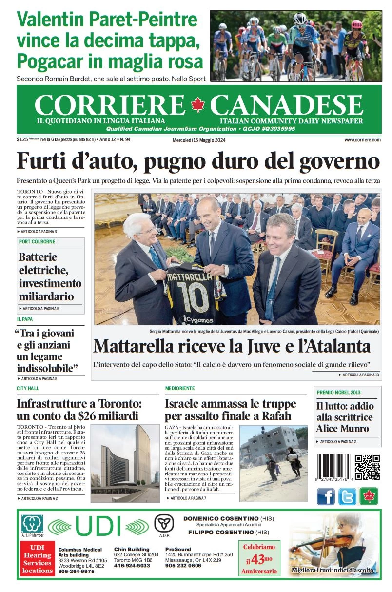 anteprima della prima pagina di corriere-canadese del 15/05/2024