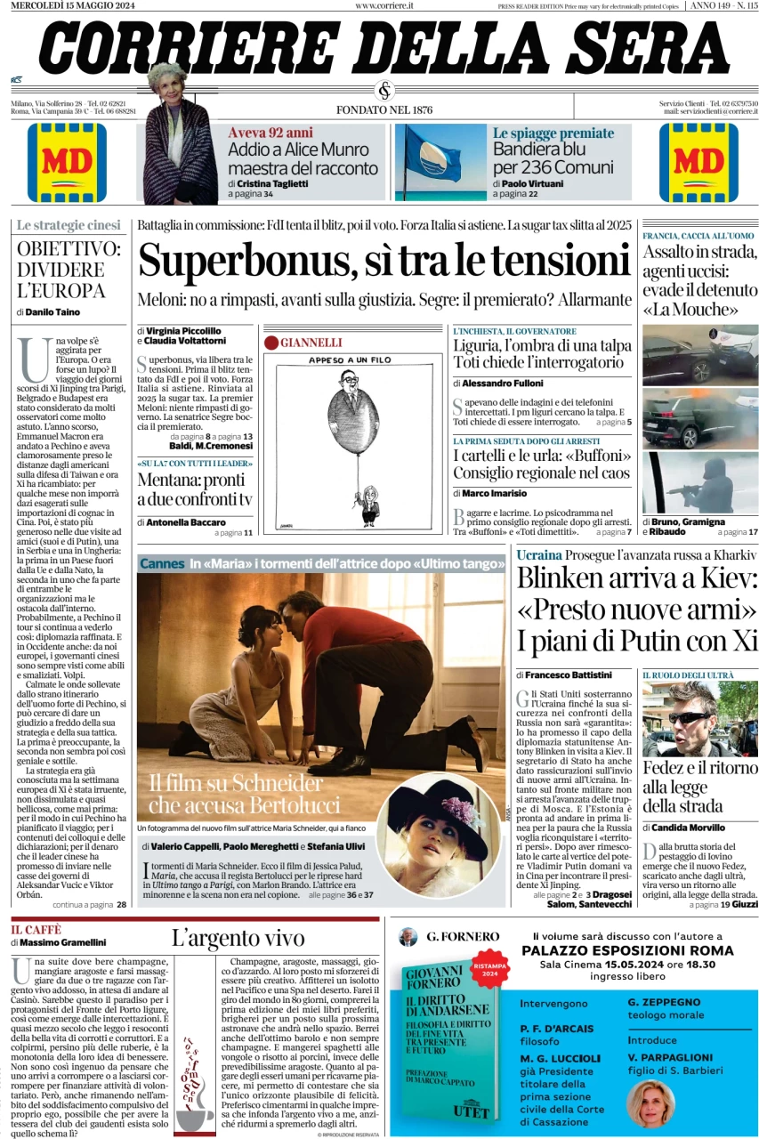 prima pagina - Corriere della Sera del 15/05/2024
