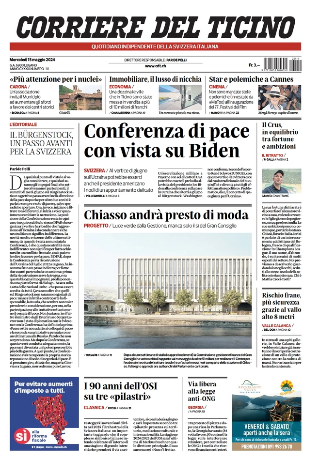 anteprima della prima pagina di corriere-del-ticino del 15/05/2024