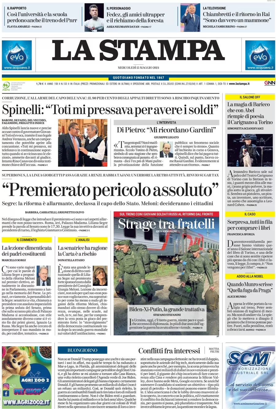 anteprima della prima pagina di la-stampa del 15/05/2024