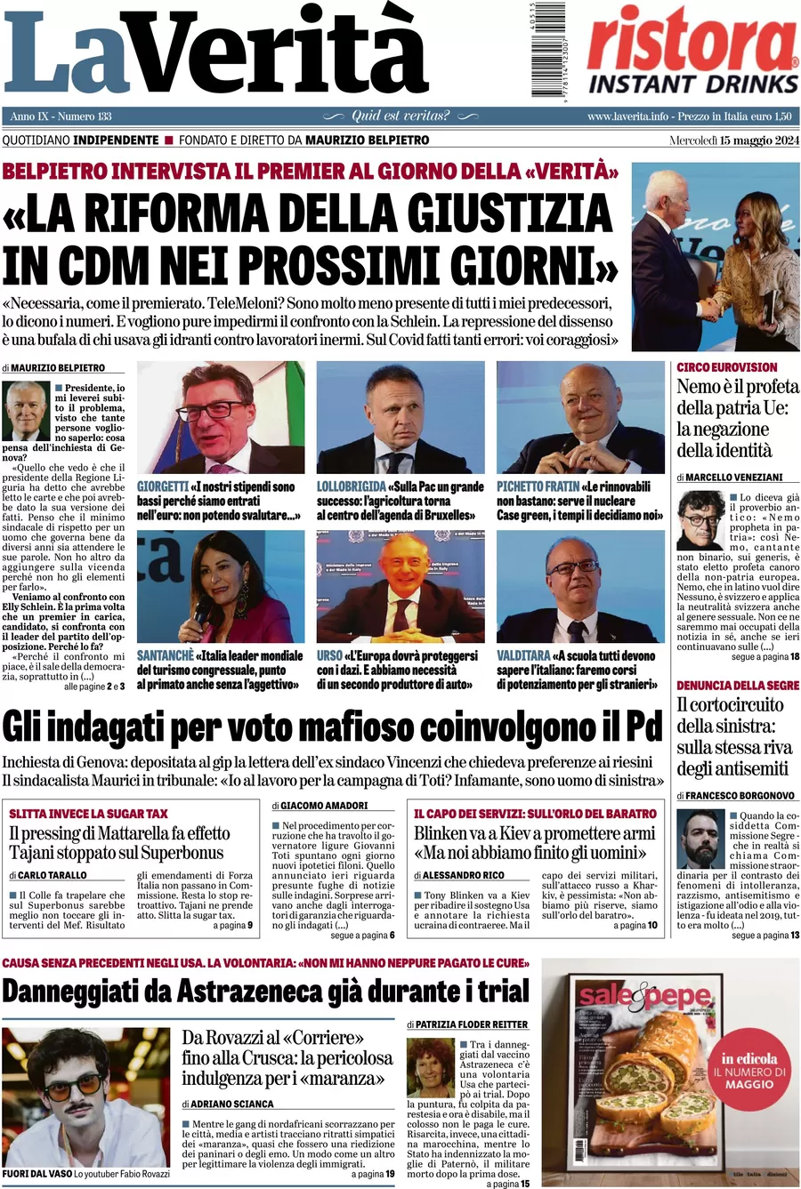 anteprima della prima pagina di la-verit del 15/05/2024