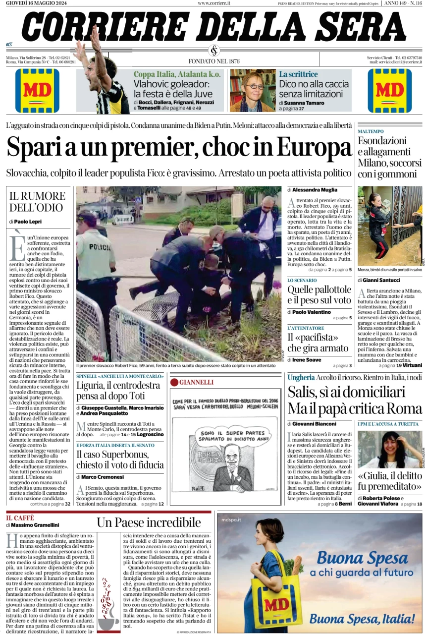 anteprima della prima pagina di corriere-della-sera del 16/05/2024