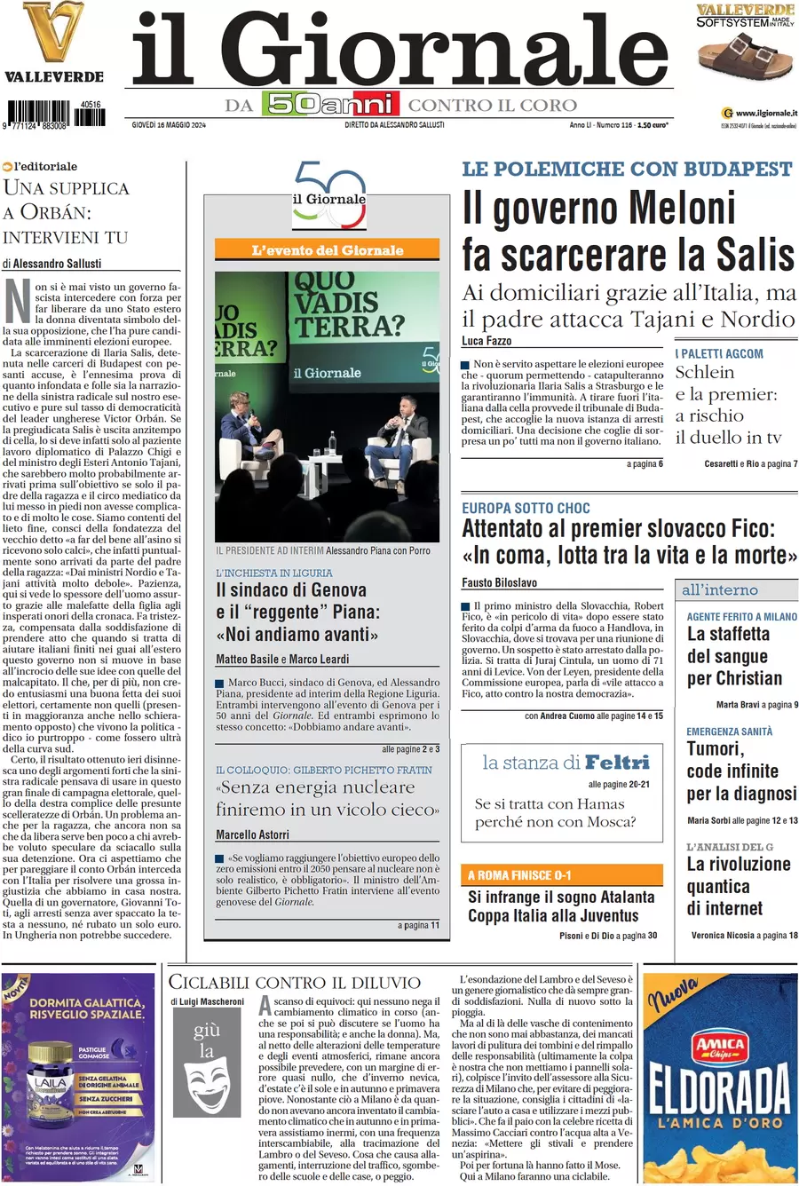 anteprima della prima pagina di il-giornale del 16/05/2024