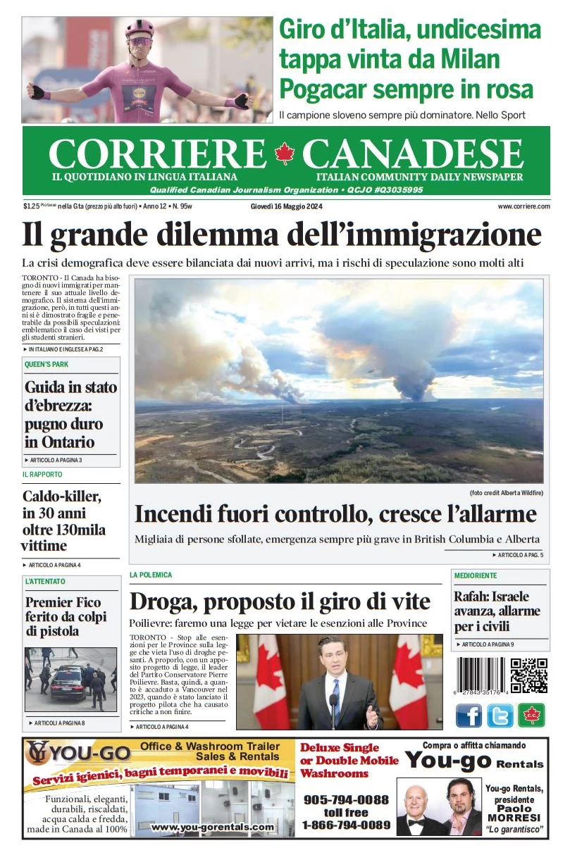 anteprima della prima pagina di corriere-canadese del 16/05/2024